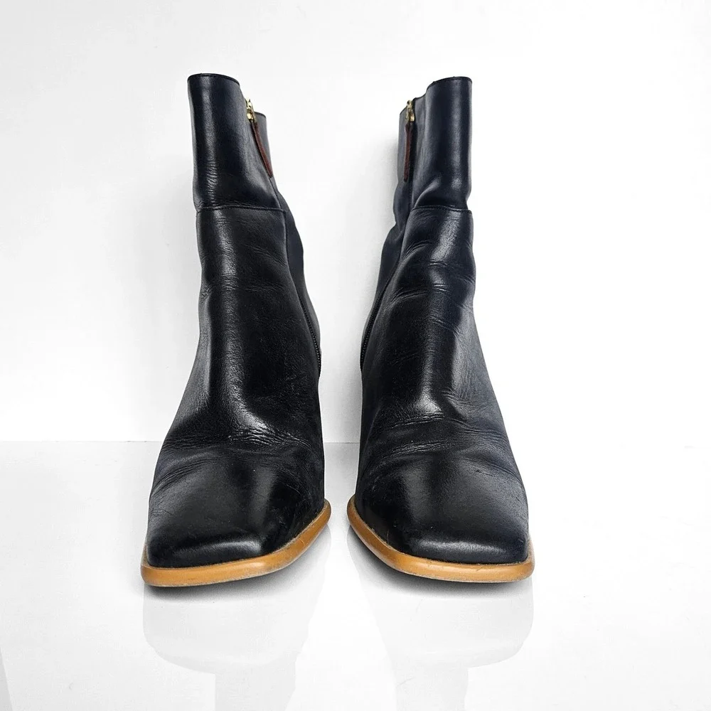 Alohas East Black Leather Square Toe Ankle Boots‎ Wood Block Heel Spain Size 41